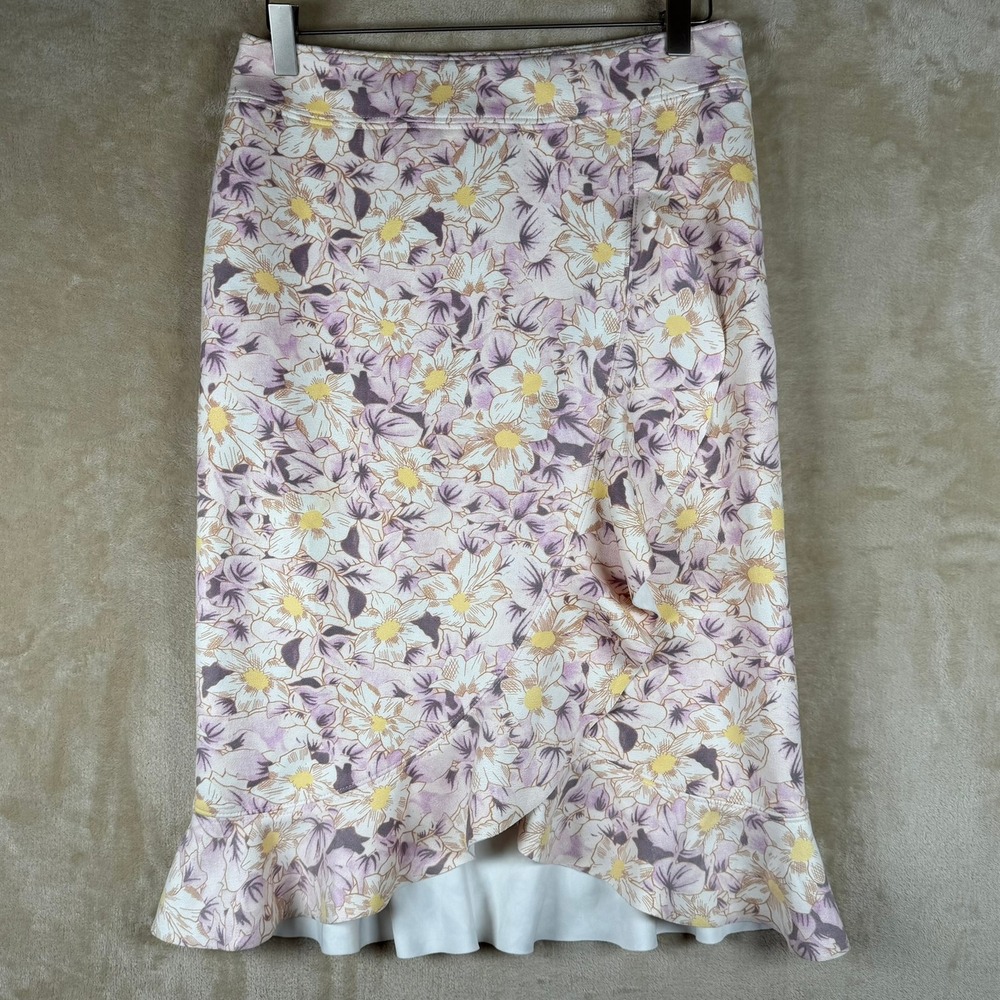 Anthropologie Womens 6 Skye Floral‎ Asymmetrical Ruffle Faux Suede Pencil Skirt